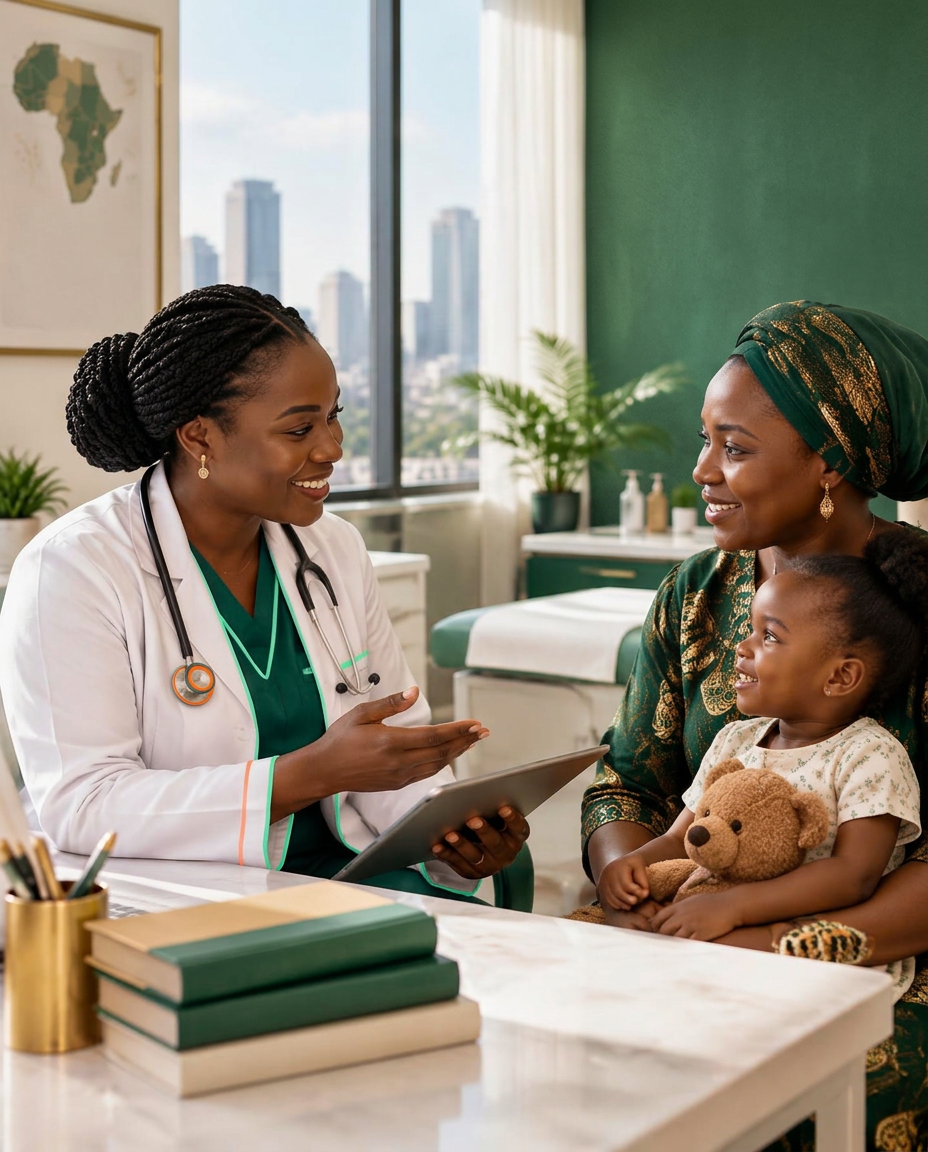 An African doctor consulting a mother and her child in a modern clinic